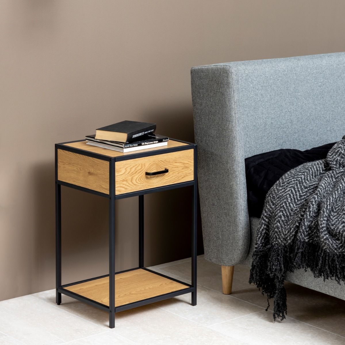 Seaford Bedside Table with 1 Drawer in Black & Brown