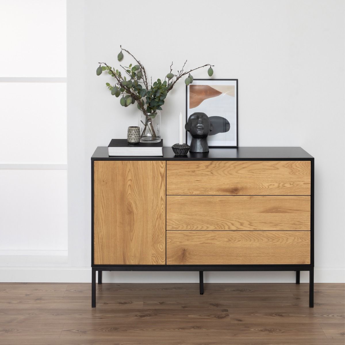 Seaford 1 Door 3 Drawer Small Sideboard in Black & Brown