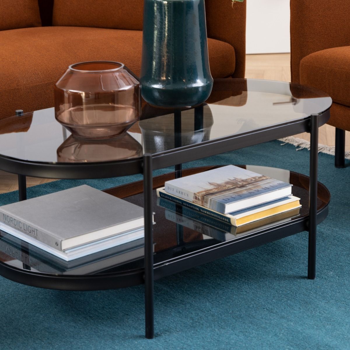 Bayonne Oval Coffee Table with Smoked Glass Top in Black