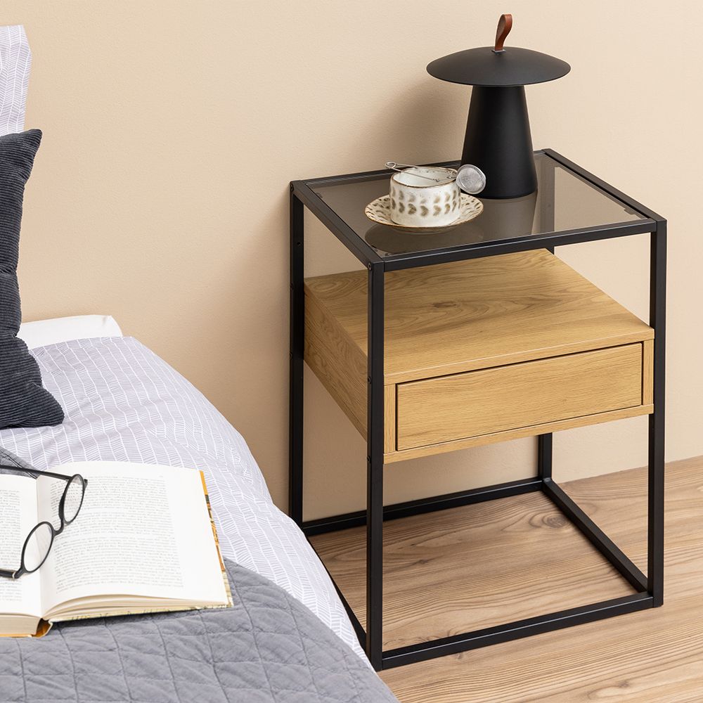 Randolf Square Bedside Table with 1 Drawer in Black and Brown