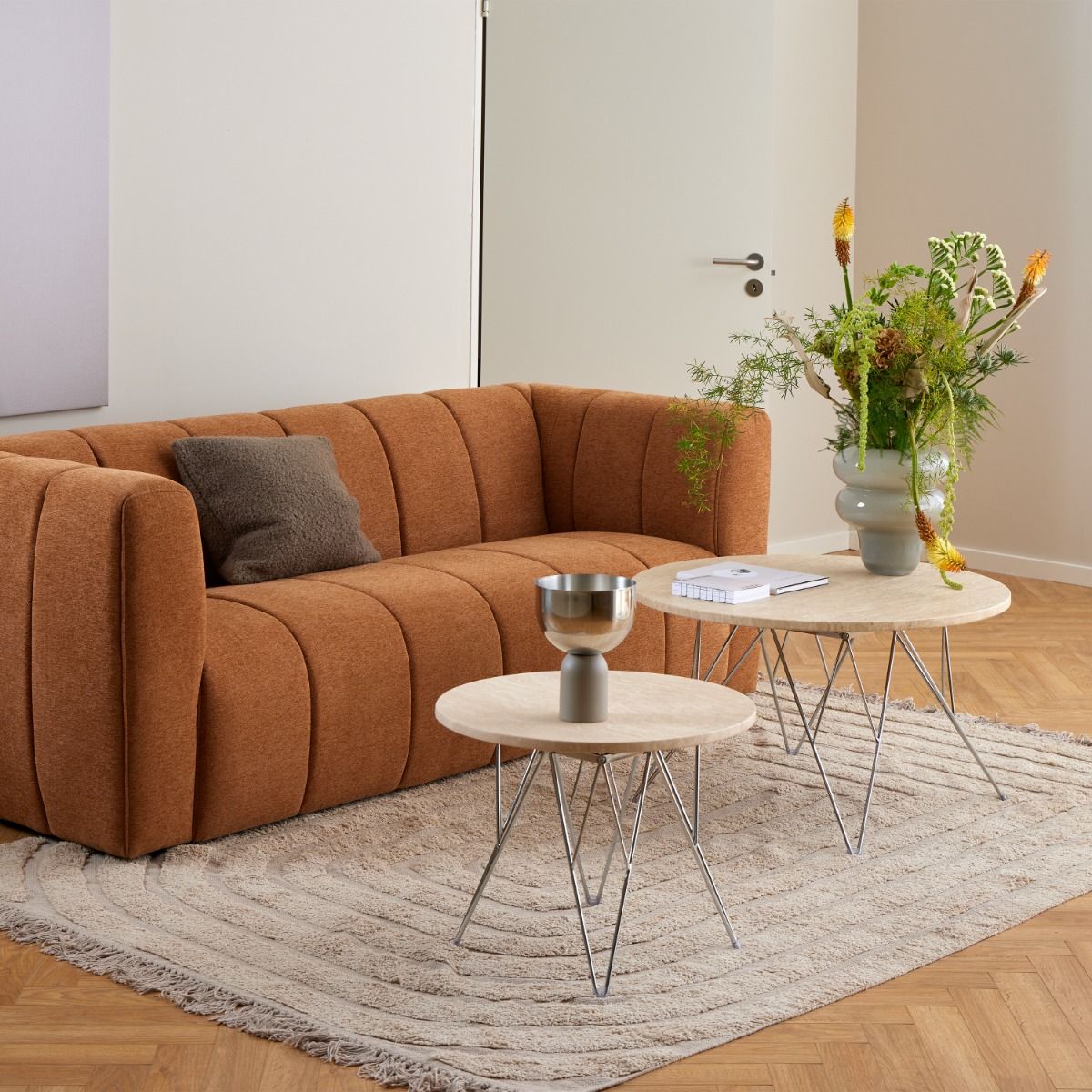 Prunus Round Coffee Table in Matt Beige and Chrome Steel Base 80x46.4cm