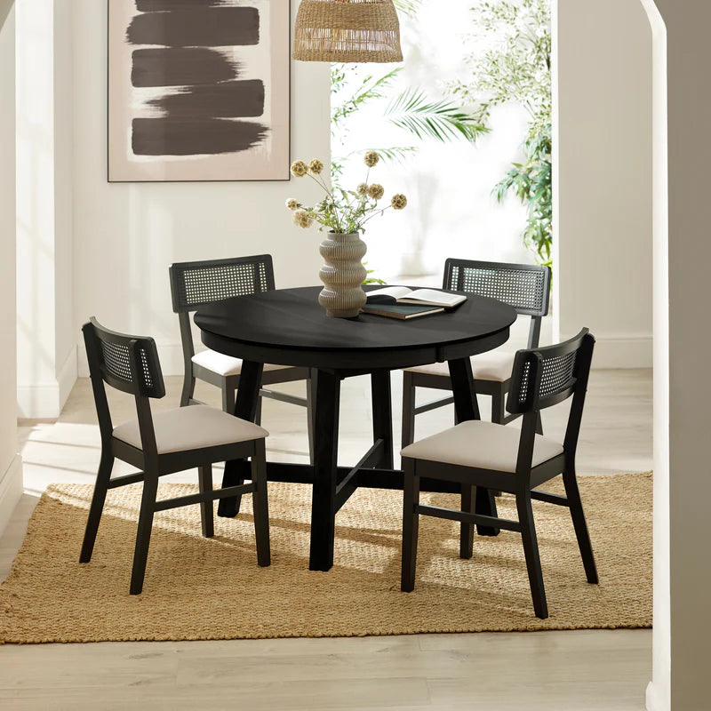 Annika Black Natural Fabric Rattan Back Dining Chairs