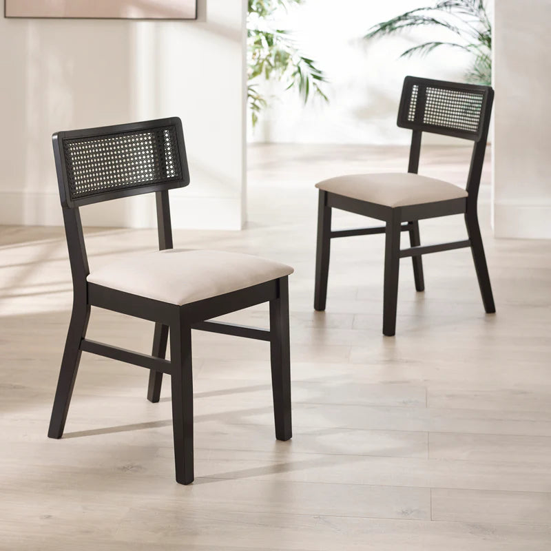 Annika Black Natural Fabric Rattan Back Dining Chairs