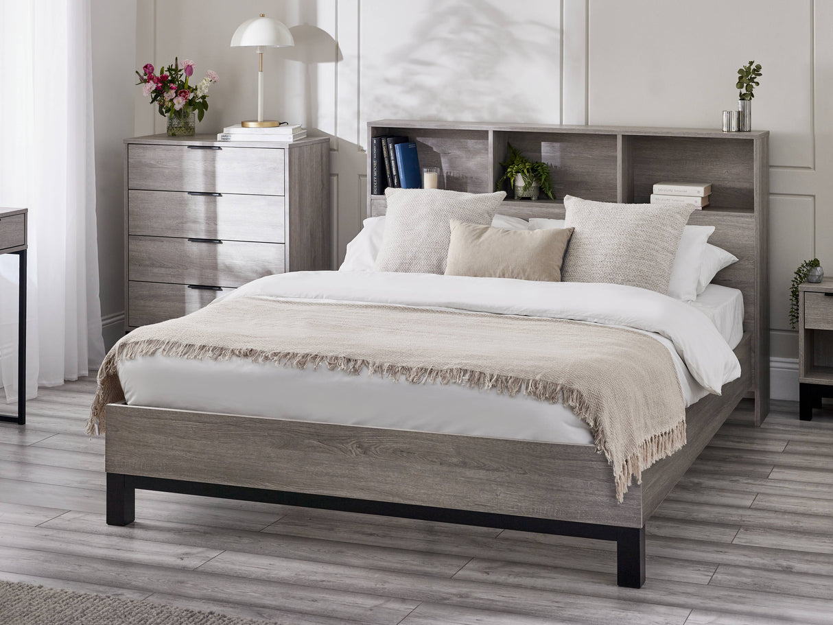 Bali Bookcase Headboard Bed - Grey Oak