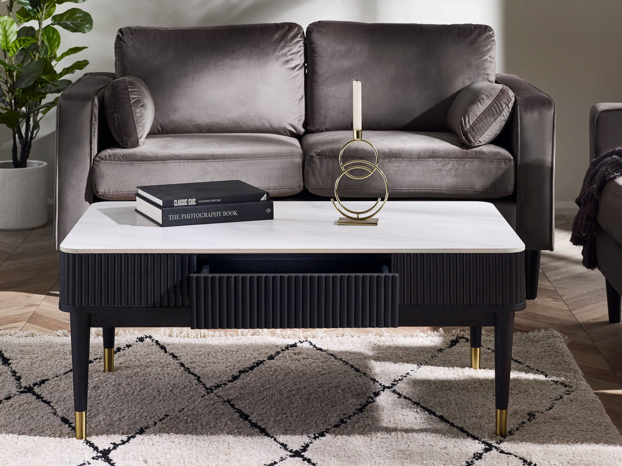 Louis Black Fluted Stone Top Coffee Table with Drawers