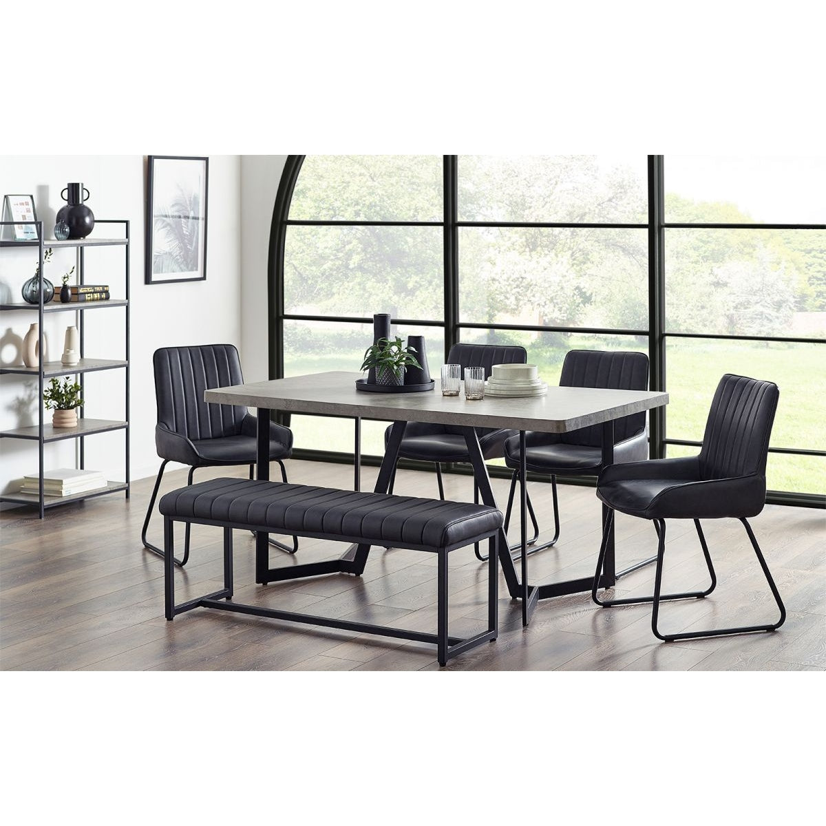 Miller Concrete Effect Dining Table, Soho Bench & 4 Soho Dining Chairs